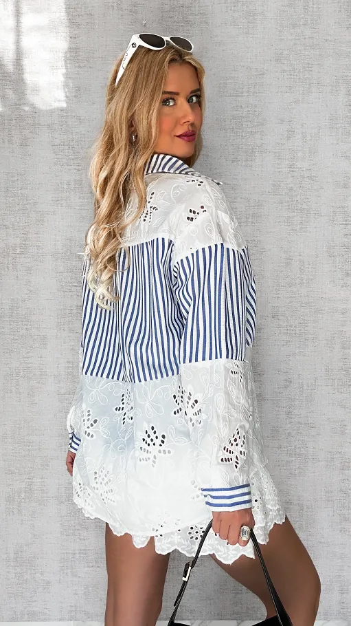 Świetna bawełniana koszula w niebieskie paski ONE SIZE - P631