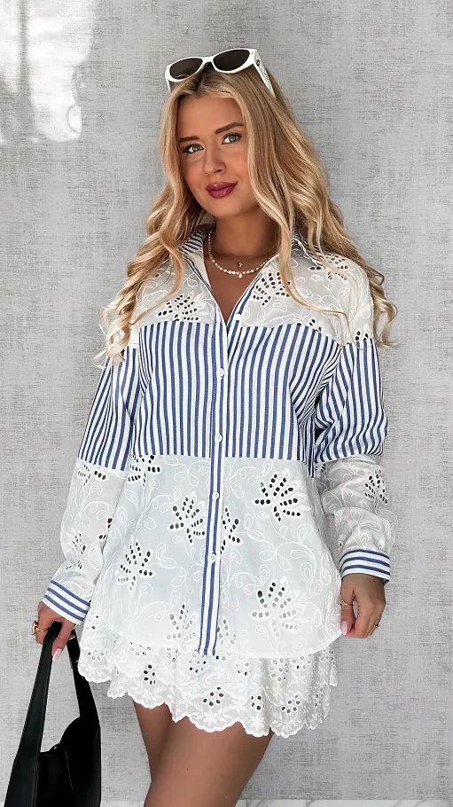 Świetna bawełniana koszula w niebieskie paski ONE SIZE - P631