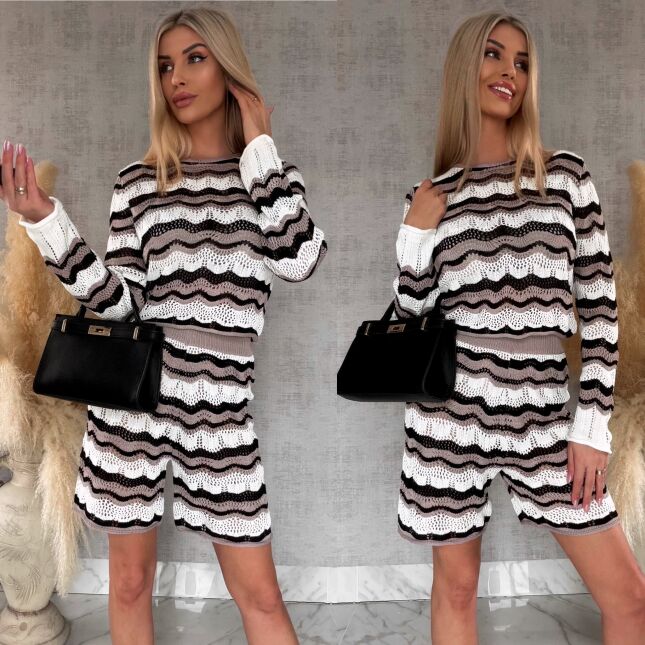 Wyjątkowy ażurowy komplet w czarne paski bluzka + spodenki WISKOZA - R724