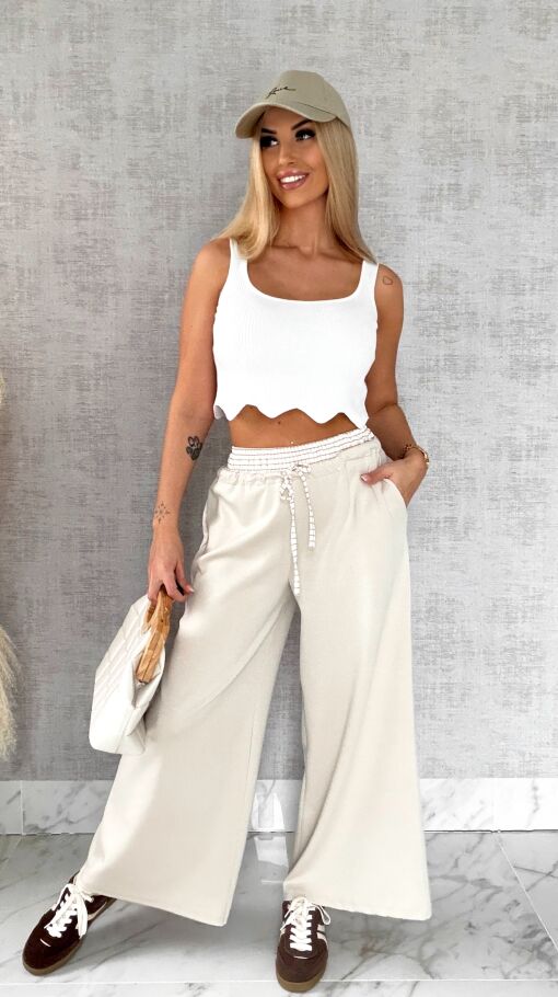 Luźne spodnie dresowe z ozdobnym pasem BEŻOWE - R564B