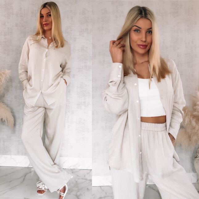 Komplet w delikatne paski i mini cyrkonie koszula + spodnie ONE SIZE jasny beż - R841A