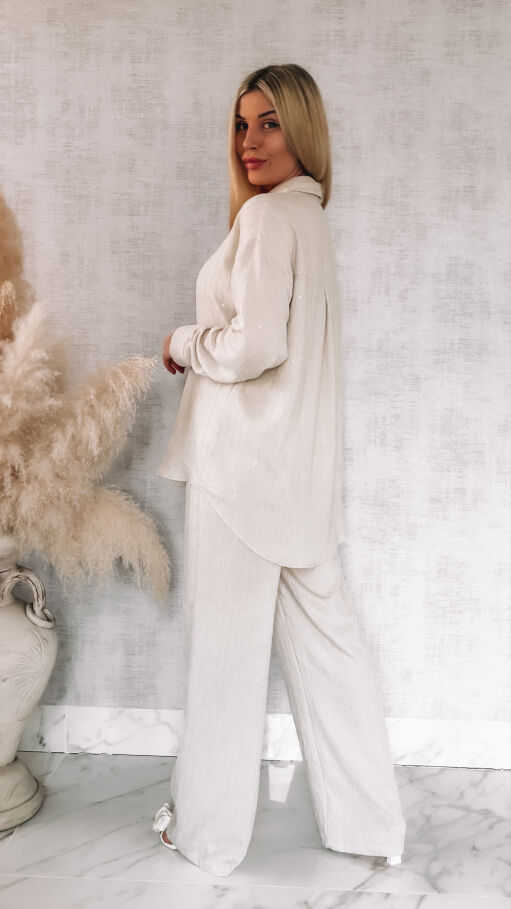 Komplet w delikatne paski i mini cyrkonie koszula + spodnie ONE SIZE jasny beż - R841A