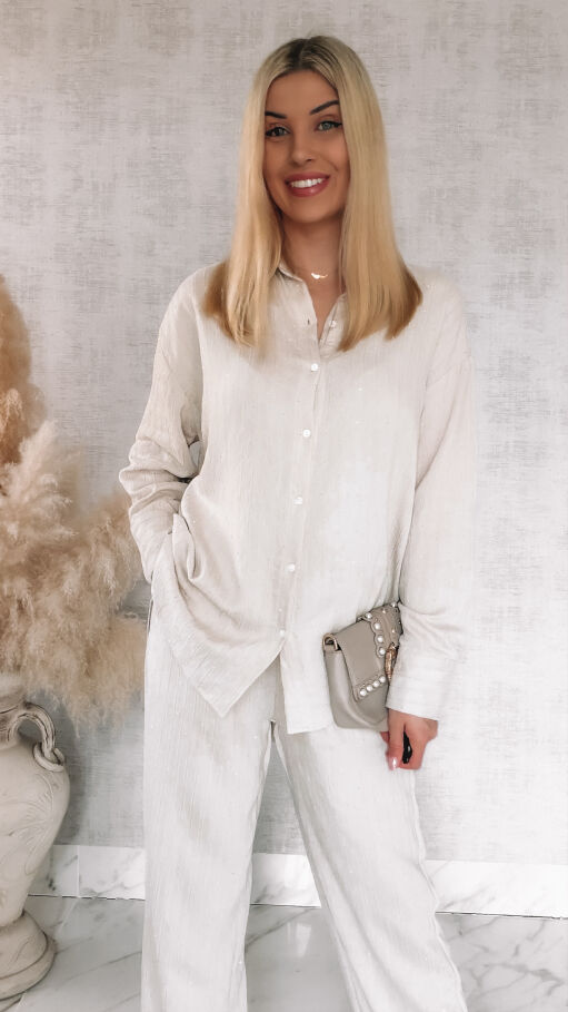 Komplet w delikatne paski i mini cyrkonie koszula + spodnie ONE SIZE jasny beż - R841A