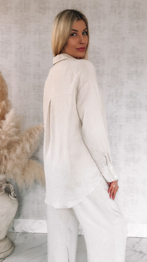 Komplet w delikatne paski i mini cyrkonie koszula + spodnie ONE SIZE jasny beż - R841A