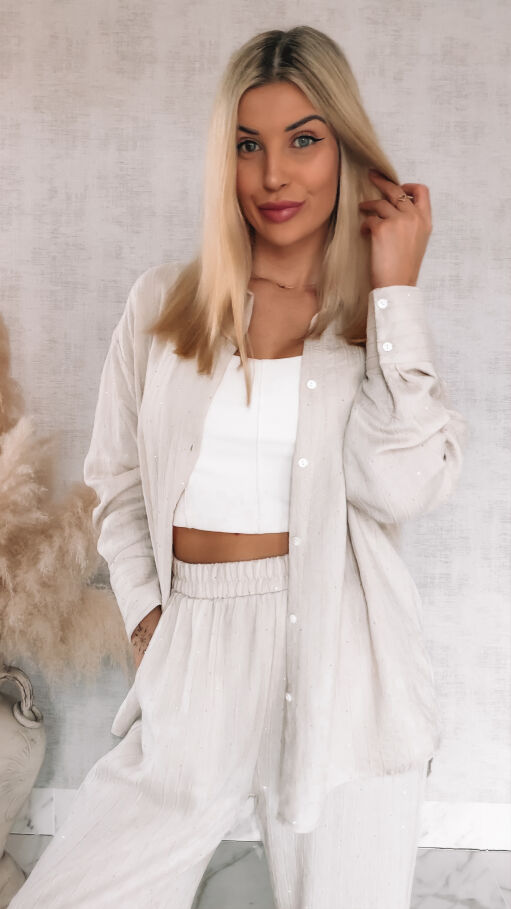 Komplet w delikatne paski i mini cyrkonie koszula + spodnie ONE SIZE jasny beż - R841A