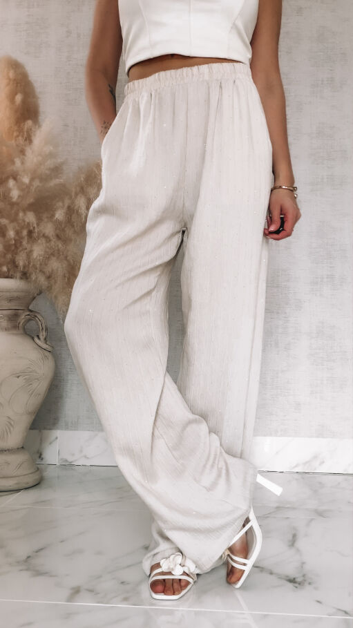 Komplet w delikatne paski i mini cyrkonie koszula + spodnie ONE SIZE jasny beż - R841A