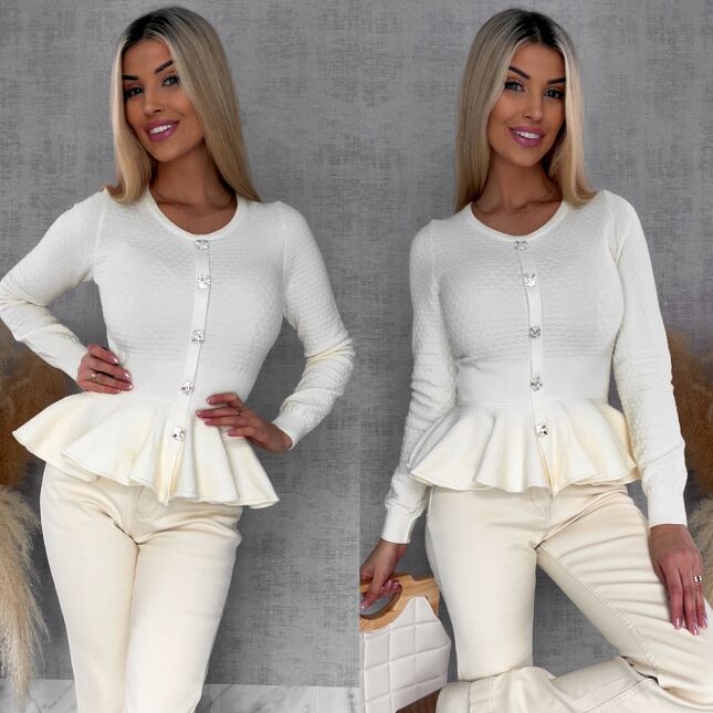 Elegancka dzianinowy bluzka z baskinką ONE SIZE ecru - R483