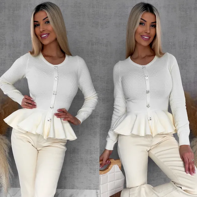 Elegancka dzianinowy bluzka z baskinką ONE SIZE ecru - R483