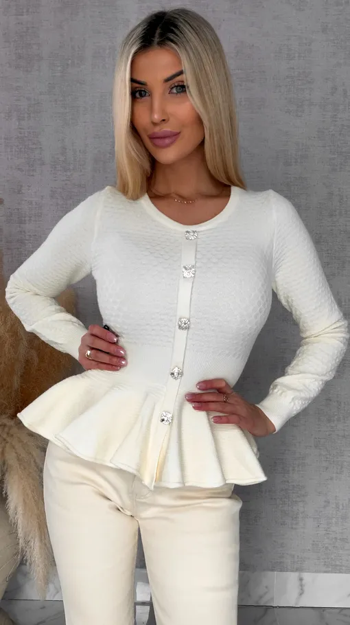 Elegancka dzianinowy bluzka z baskinką ONE SIZE ecru - R483