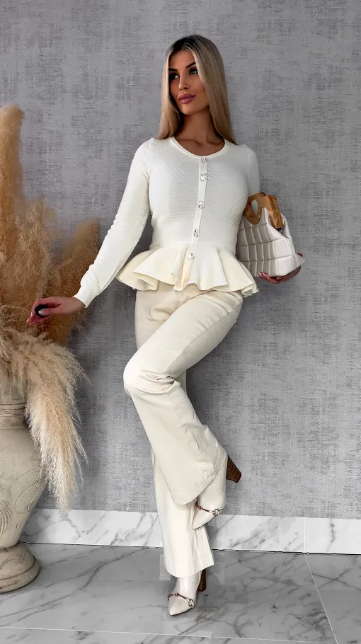 Elegancka dzianinowy bluzka z baskinką ONE SIZE ecru - R483