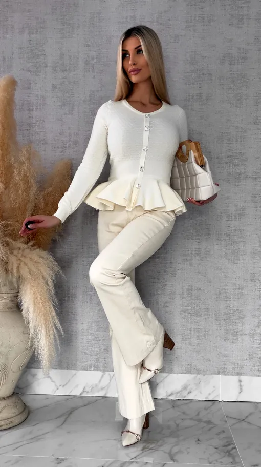 Elegancka dzianinowy bluzka z baskinką ONE SIZE ecru - R483