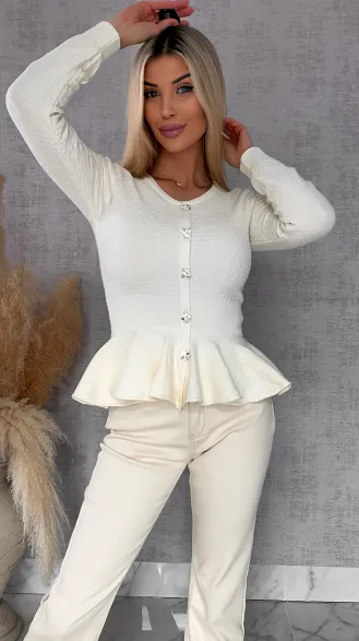 Elegancka dzianinowy bluzka z baskinką ONE SIZE ecru - R483