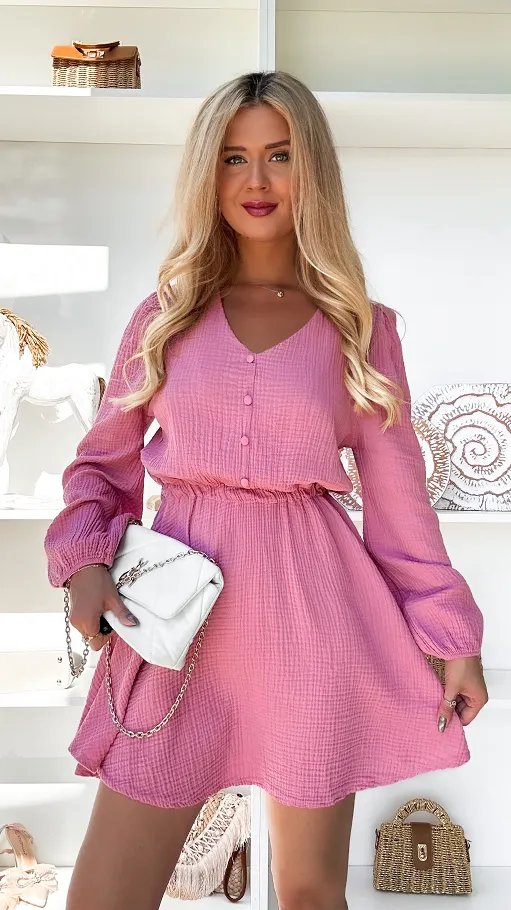 Pudrowa muślinowa sukienka z długim rękawem ONE SIZE - P880A