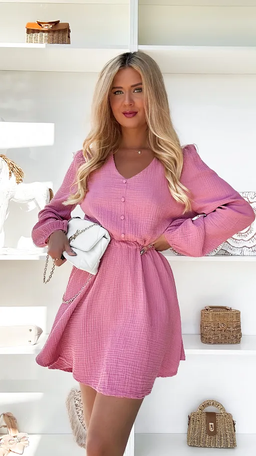 Pudrowa muślinowa sukienka z długim rękawem ONE SIZE - P880A