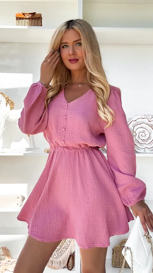 Pudrowa muślinowa sukienka z długim rękawem ONE SIZE - P880A