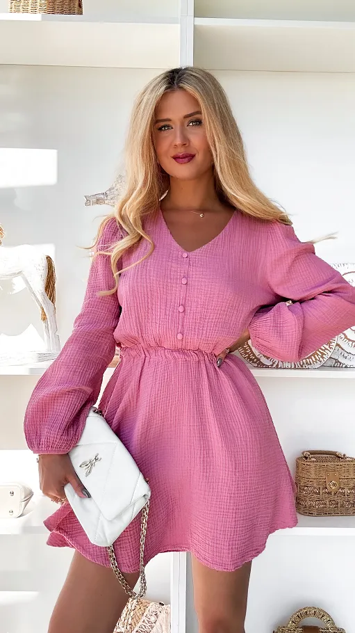 Pudrowa muślinowa sukienka z długim rękawem ONE SIZE - P880A