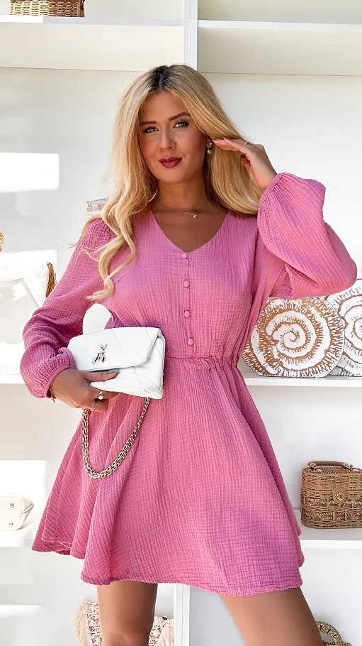 Pudrowa muślinowa sukienka z długim rękawem ONE SIZE - P880A