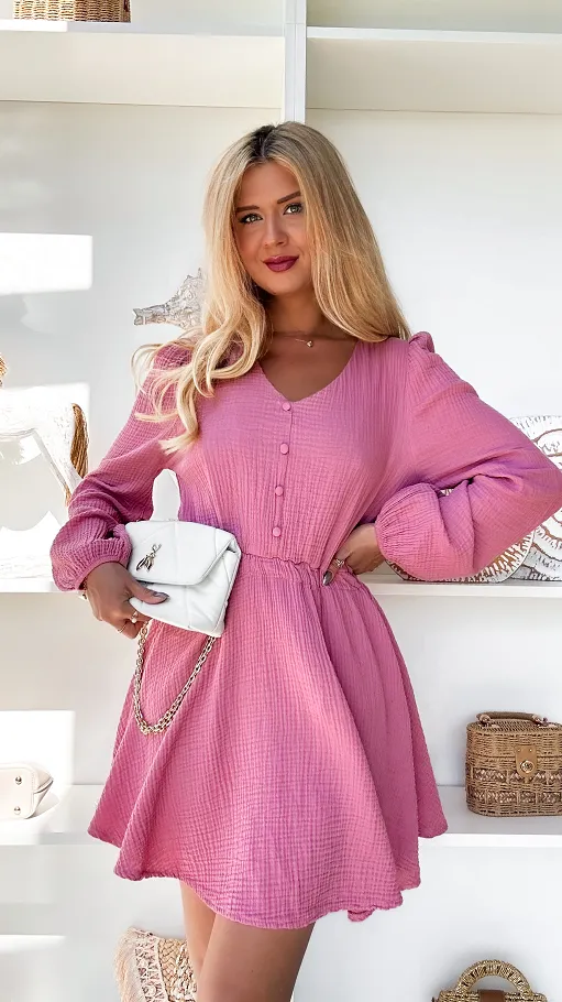 Pudrowa muślinowa sukienka z długim rękawem ONE SIZE - P880A