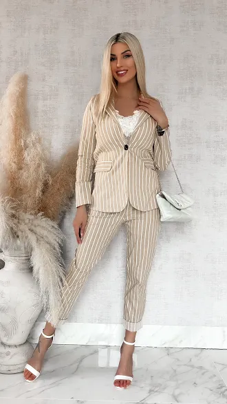 Beżowy elastyczny komplet w paski marynarka + spodnie ONE SIZE - R857