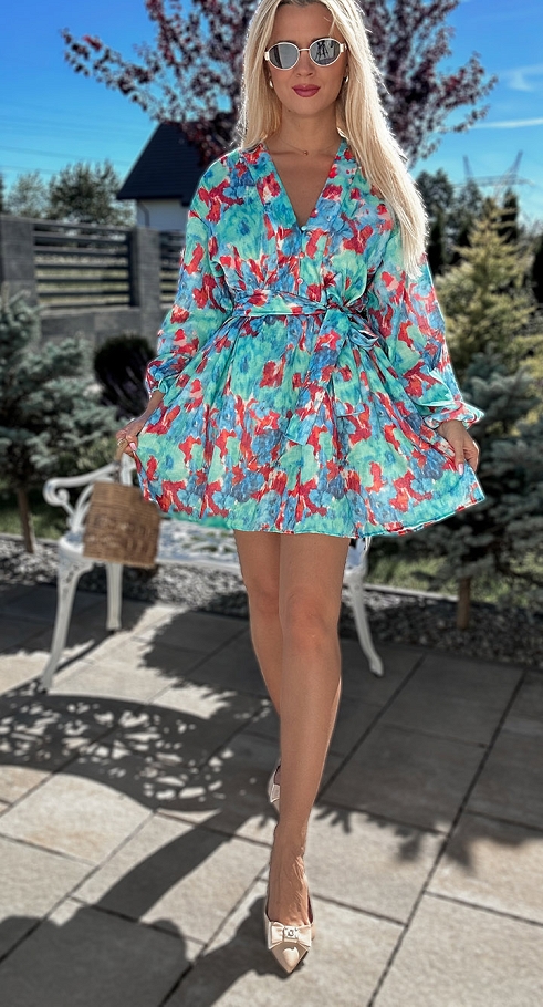 Luźna bawełniana sukienka w kolorowy PRINT z wiązaniem OVERSIZE - N388