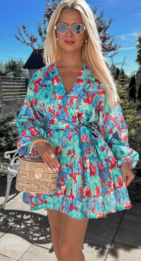 Luźna bawełniana sukienka w kolorowy PRINT z wiązaniem OVERSIZE - N388