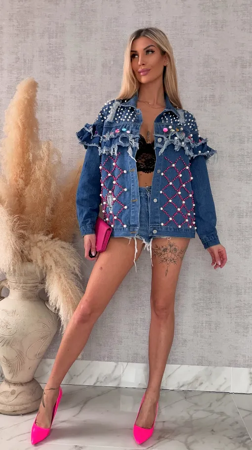 Wyjątkowa kurtka jeansowa KATANA bogato zdobiona - R725