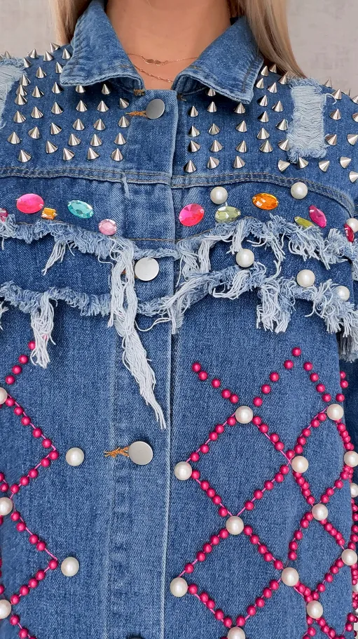 Wyjątkowa kurtka jeansowa KATANA bogato zdobiona - R725