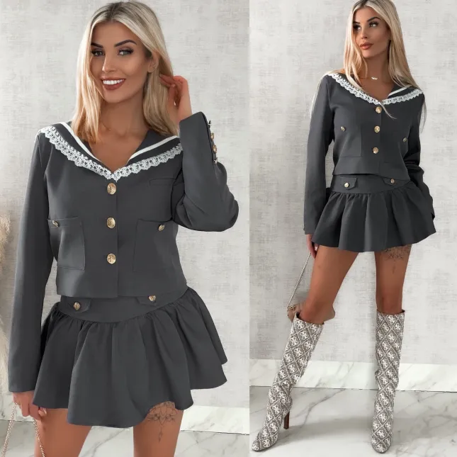 Elegancki szary komplet MARYNARKA + spódnico spodenki - R393B