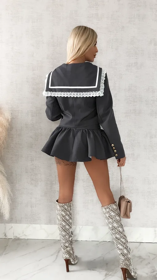 Elegancki szary komplet MARYNARKA + spódnico spodenki - R393B