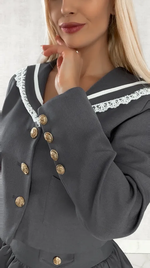 Elegancki szary komplet MARYNARKA + spódnico spodenki - R393B