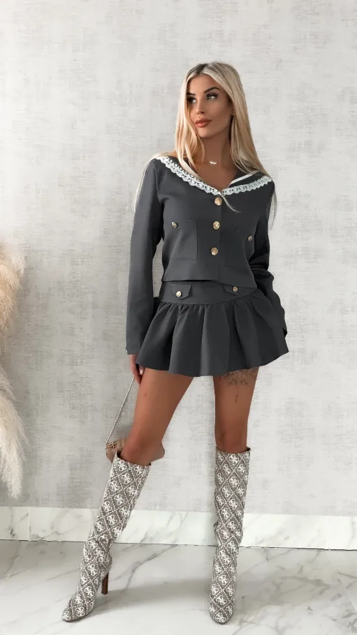 Elegancki szary komplet MARYNARKA + spódnico spodenki - R393B