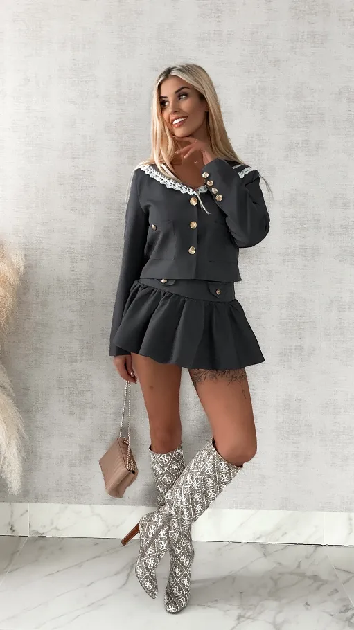 Elegancki szary komplet MARYNARKA + spódnico spodenki - R393B