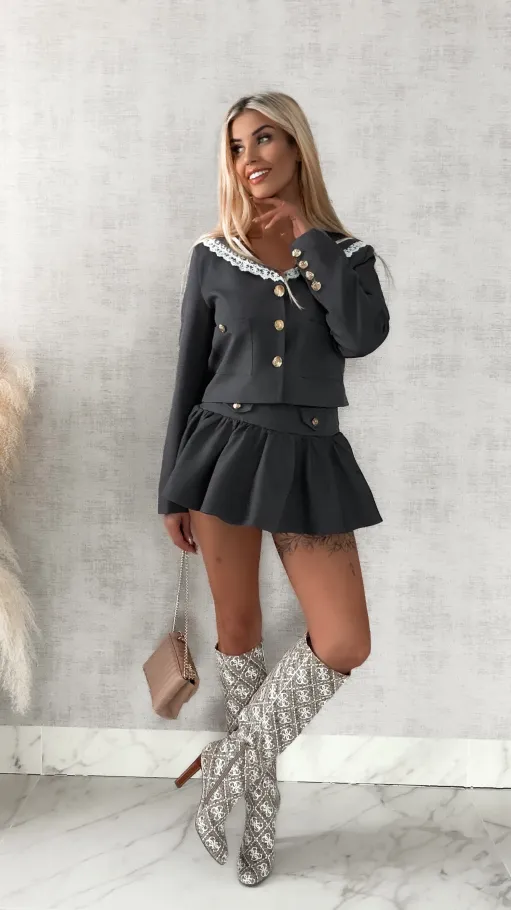 Elegancki szary komplet MARYNARKA + spódnico spodenki - R393B