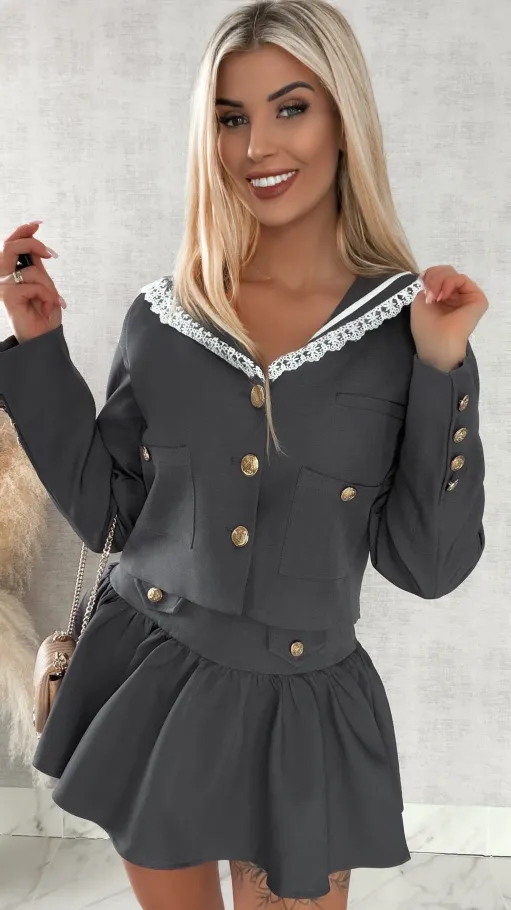 Elegancki szary komplet MARYNARKA + spódnico spodenki - R393B