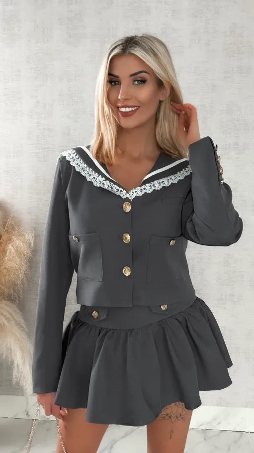 Elegancki szary komplet MARYNARKA + spódnico spodenki - R393B