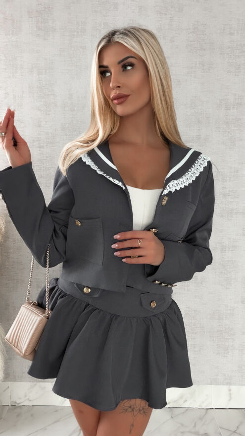 Elegancki szary komplet MARYNARKA + spódnico spodenki - R393B