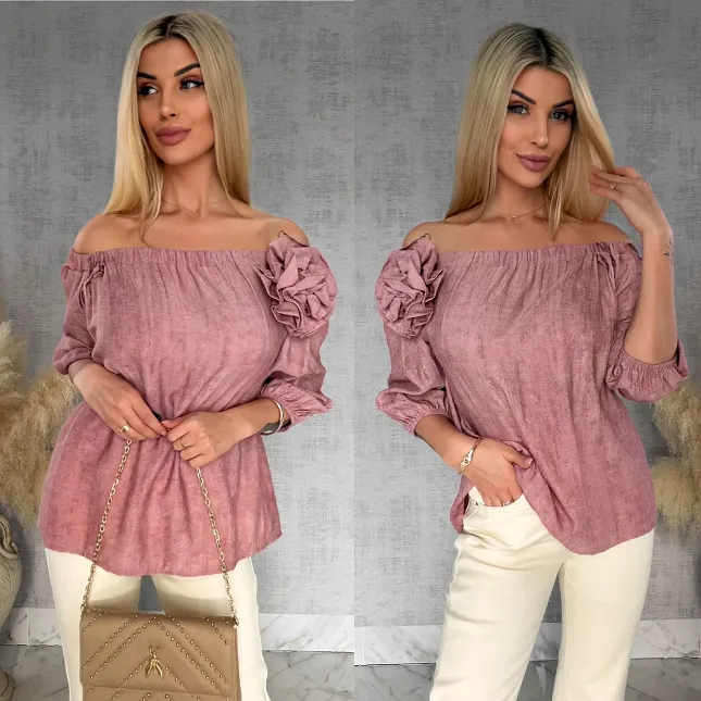 Bluzka hiszpanka z kwiatem melanżowy róż ONE SIZE wiskoza - R849