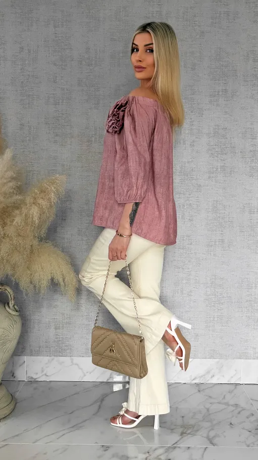 Bluzka hiszpanka z kwiatem melanżowy róż ONE SIZE wiskoza - R849