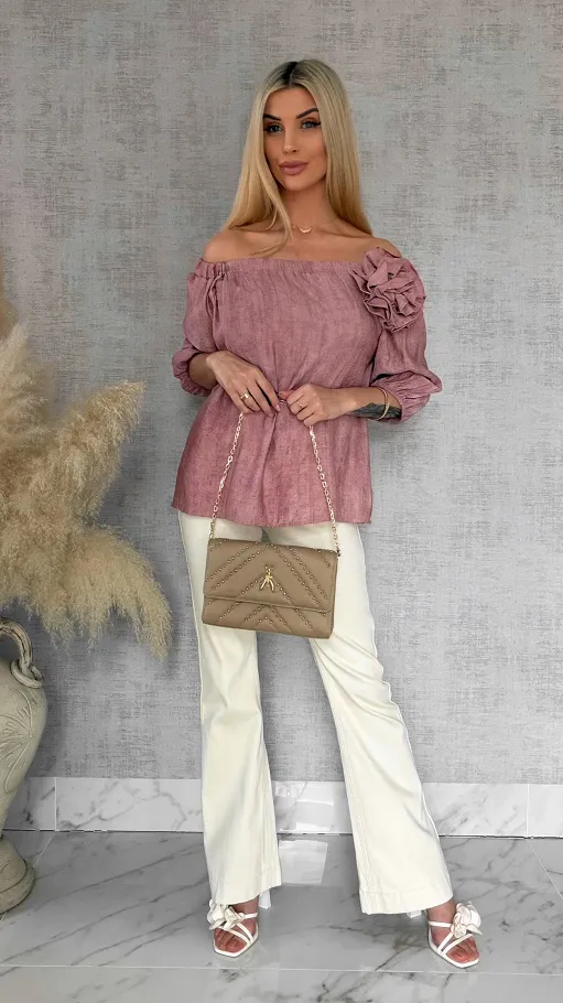 Bluzka hiszpanka z kwiatem melanżowy róż ONE SIZE wiskoza - R849