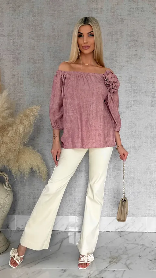 Bluzka hiszpanka z kwiatem melanżowy róż ONE SIZE wiskoza - R849