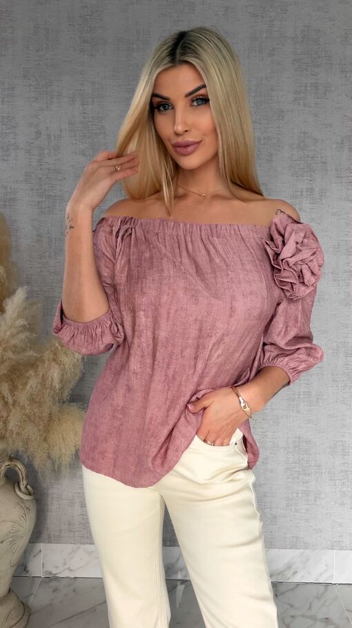 Bluzka hiszpanka z kwiatem melanżowy róż ONE SIZE wiskoza - R849