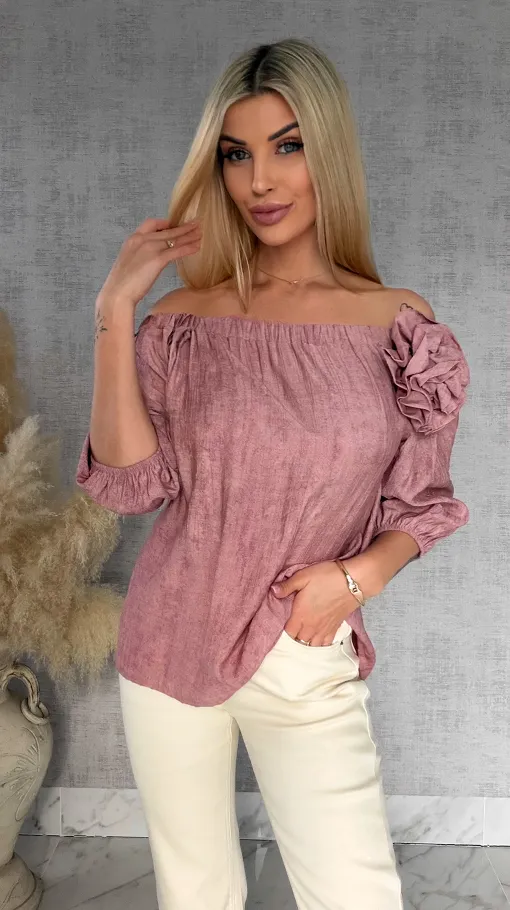 Bluzka hiszpanka z kwiatem melanżowy róż ONE SIZE wiskoza - R849