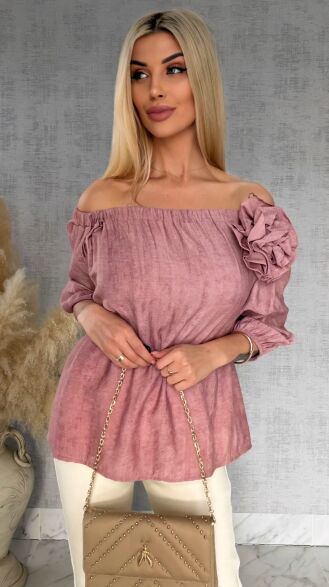 Bluzka hiszpanka z kwiatem melanżowy róż ONE SIZE wiskoza - R849