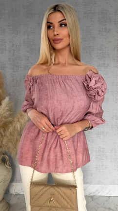 Bluzka hiszpanka z kwiatem melanżowy róż ONE SIZE wiskoza - R849