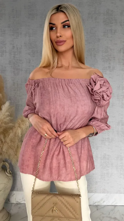 Bluzka hiszpanka z kwiatem melanżowy róż ONE SIZE wiskoza - R849