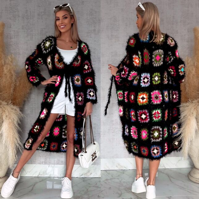 Oryginalny puszysty kardigan szydełkowy BLACK na wiosną ONE SIZE - R751