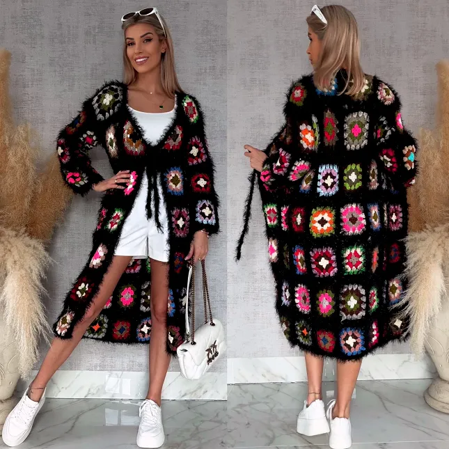 Oryginalny puszysty kardigan szydełkowy BLACK na wiosną ONE SIZE - R751