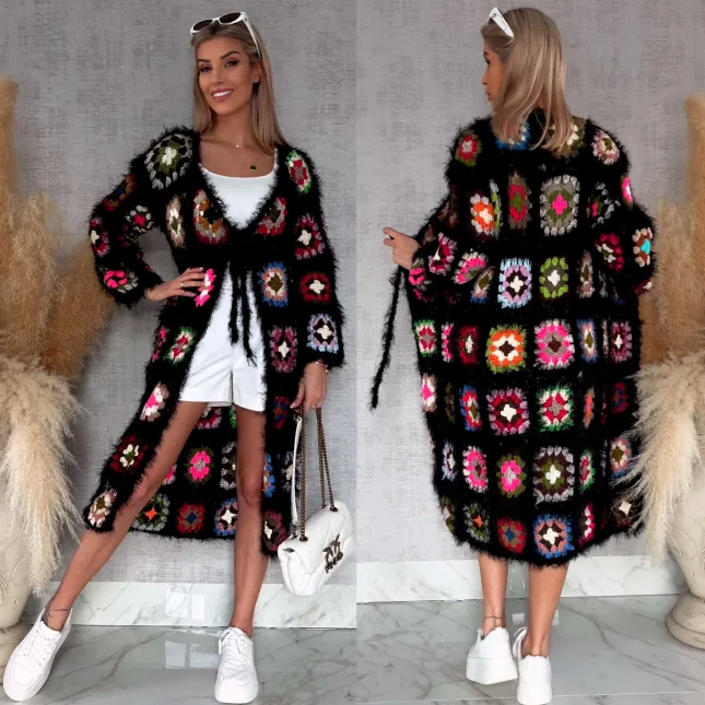 Oryginalny puszysty kardigan szydełkowy BLACK na wiosną ONE SIZE - R751