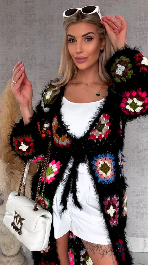 Oryginalny puszysty kardigan szydełkowy BLACK na wiosną ONE SIZE - R751