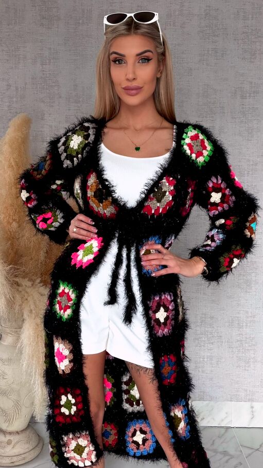 Oryginalny puszysty kardigan szydełkowy BLACK na wiosną ONE SIZE - R751